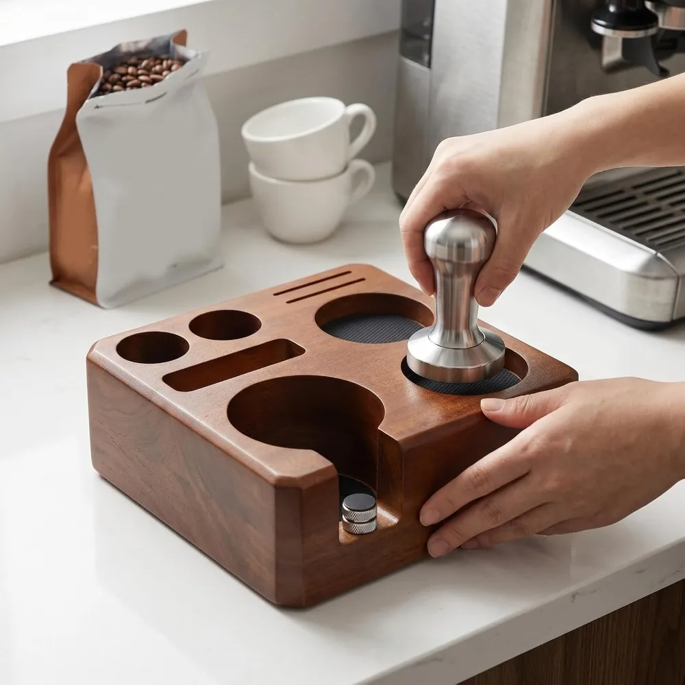 Adjustable Espresso Tamping Station Multifunctional Square Design Coffee Accessories Organizer Walnut Wood Storage Compartments