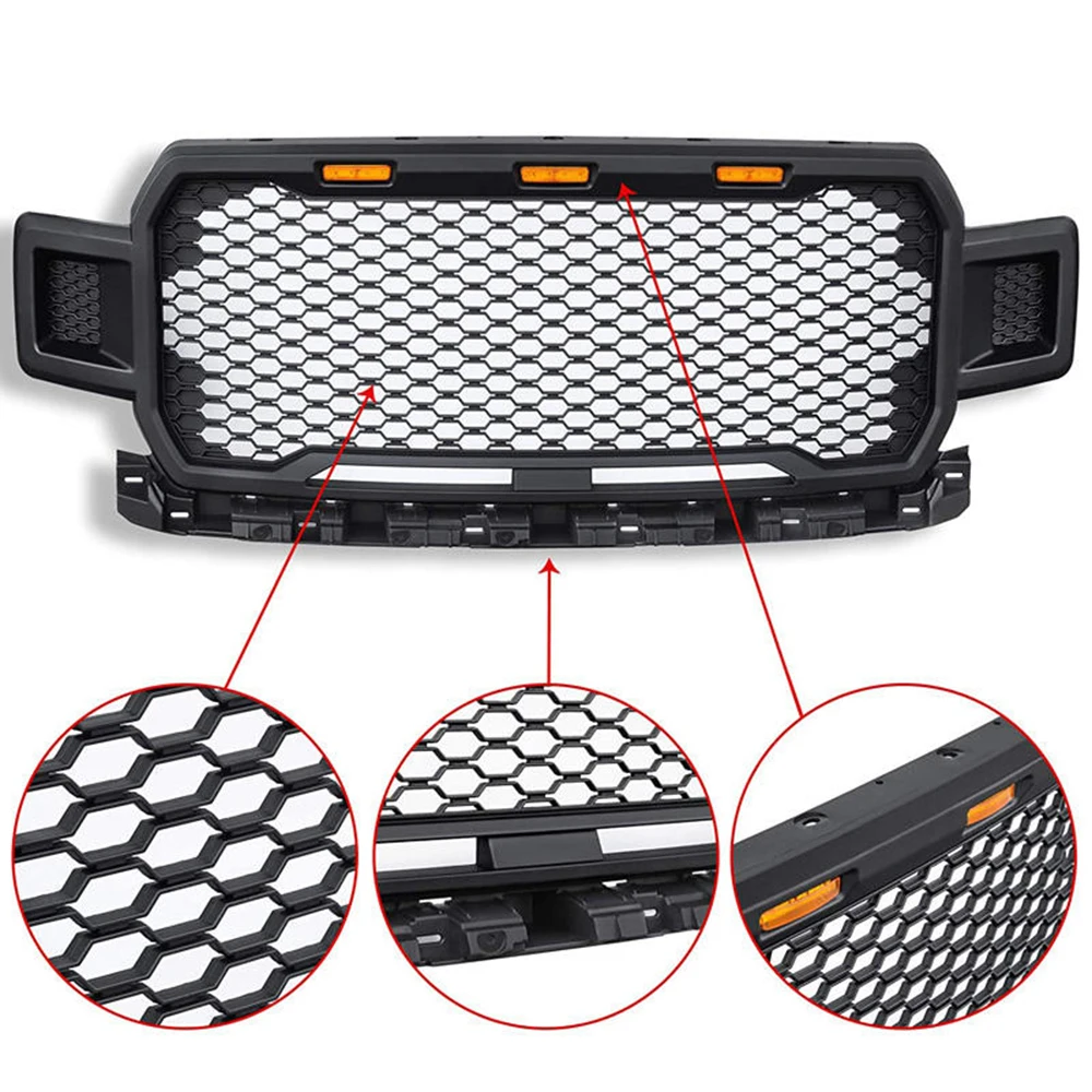 Matte Black Grill ABS Front Bumper Grilles Upper Grilles With LED Light For F150 2018 2019 2020 Raptor Style Auto Parts Grille