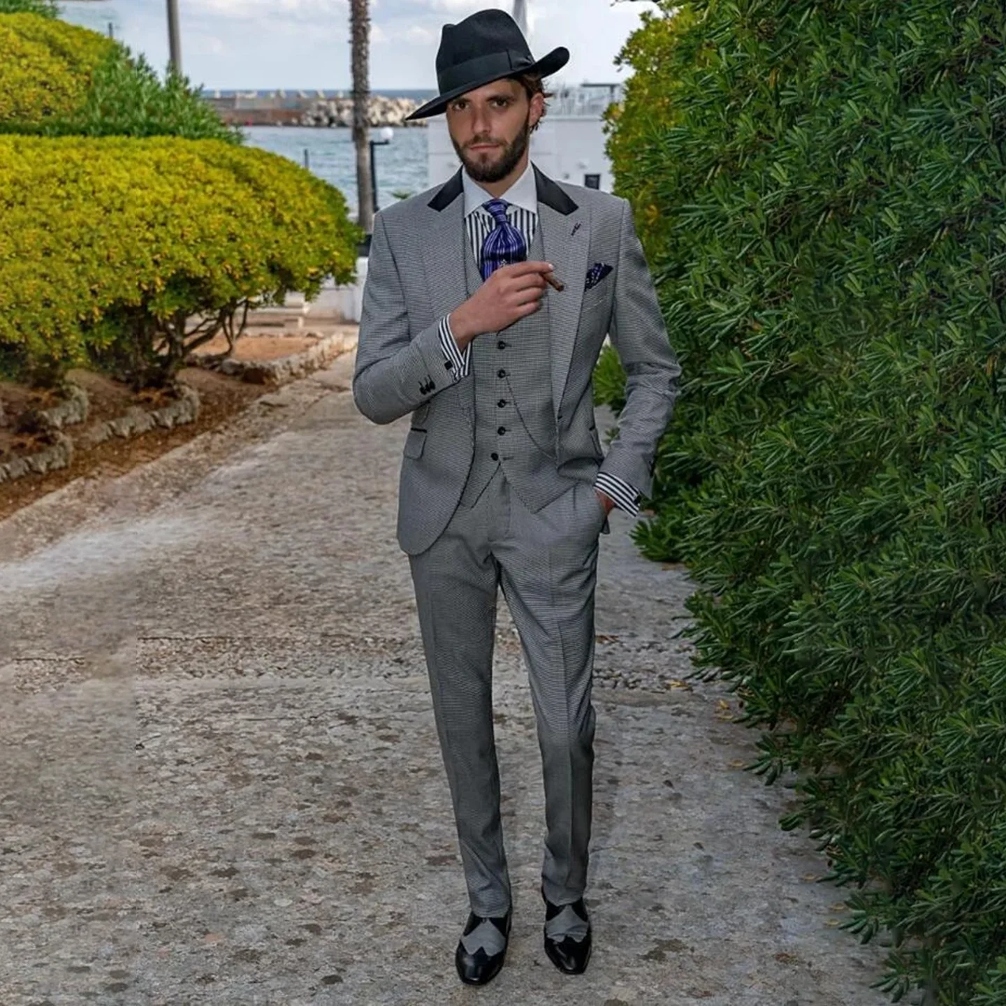 Classical Black Houndstooth Men's Suit Business 3 Piece Sets Casual Tuxedos Blazer Groom Party Slim Fit Suits Male Customized