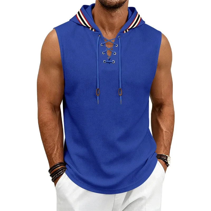 Men's Casual Loose Drawstring Hoodie Sleeveless Summer Sport Vest New Arrival Citywalk Inner Wear A-Line Narrow Strap Vest