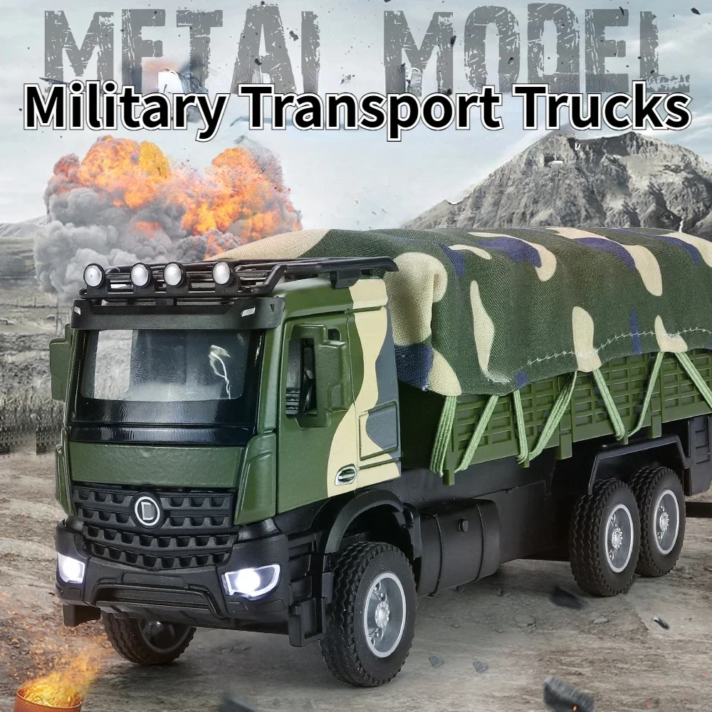 

1/35 Military Transport Trucks Alloy Toy Model Car Doors Openable with Sound and Light Pull Back Function Vehicle for Boys Gifts