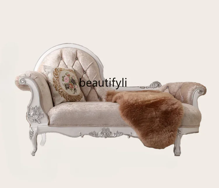 C85 European Style Chaise Longue Small Apartment Wooden Lounge Chair Villa Loveseat Neoclassical Lazy Recliner