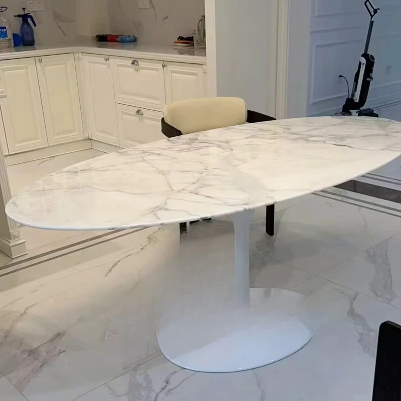 Luxury Natural White Marble Bianco Statue Venato Oval Dining Table
