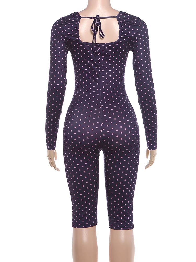 Weird Puss Sexy Mode-Playsuits für Damen, Polka-Dot-Print, quadratischer Kragen, lange Ärmel, figurbetont, Pfirsichfarben, für Mitternachtsclub-Partys – Detail 14