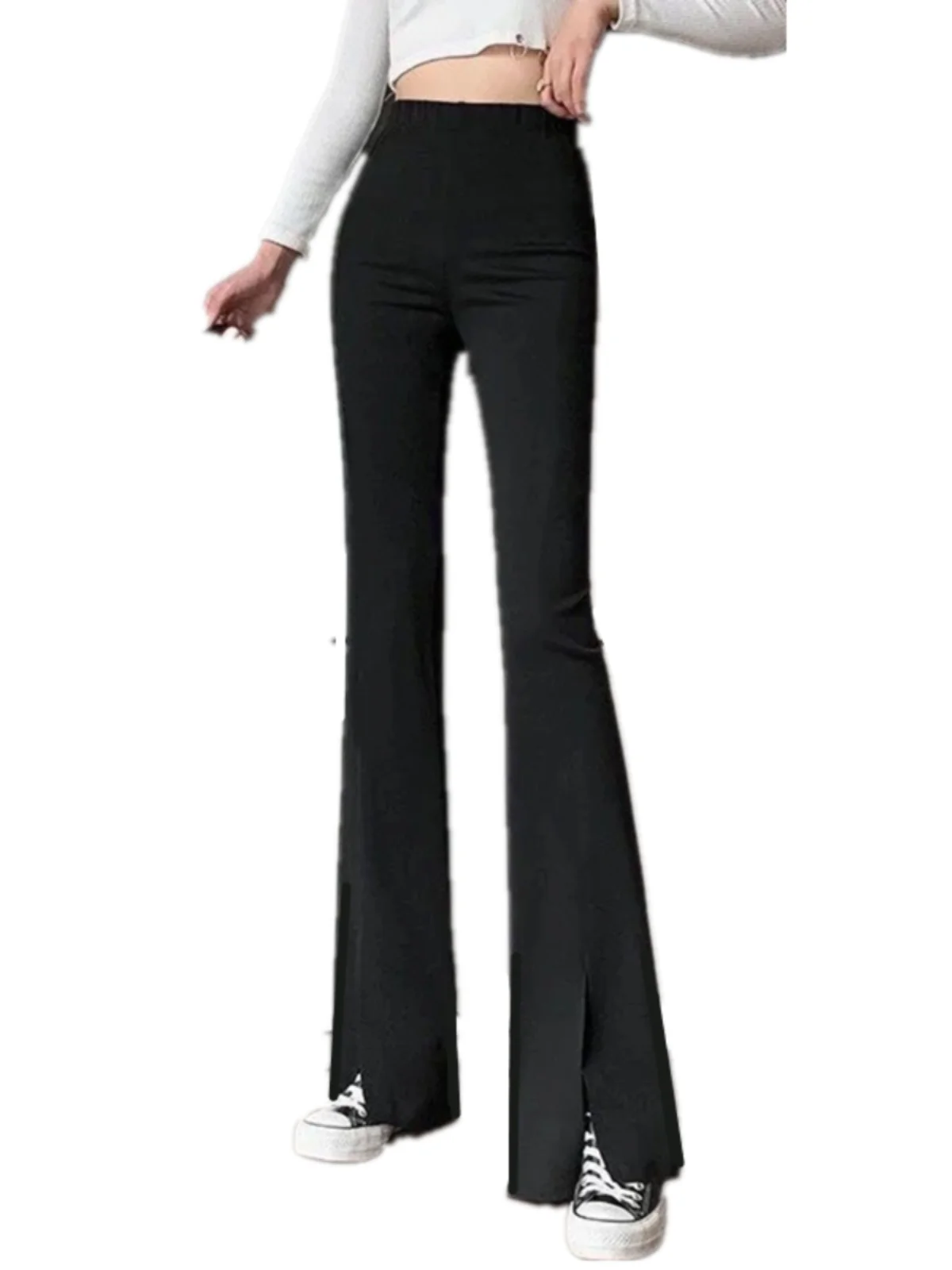 High Waist Slimming Ice Silk Casual Pants Women's Small Size Bell Bottoms Asymmetrical Design Thin Model Summer New Black