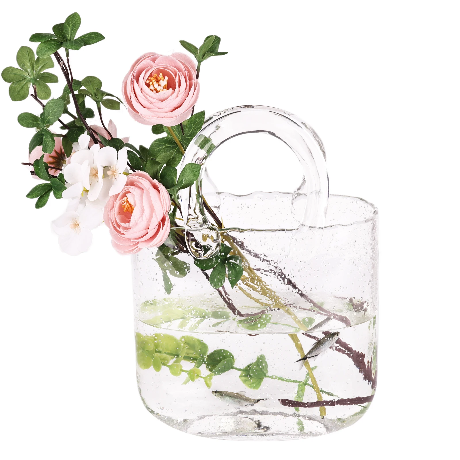 Purse Vase for Flowers, Handmade Clear Glass Bag Vase, Cool Cute Vase for Centerpieces, Fish Bowl, Unique Handbag, 10Inches