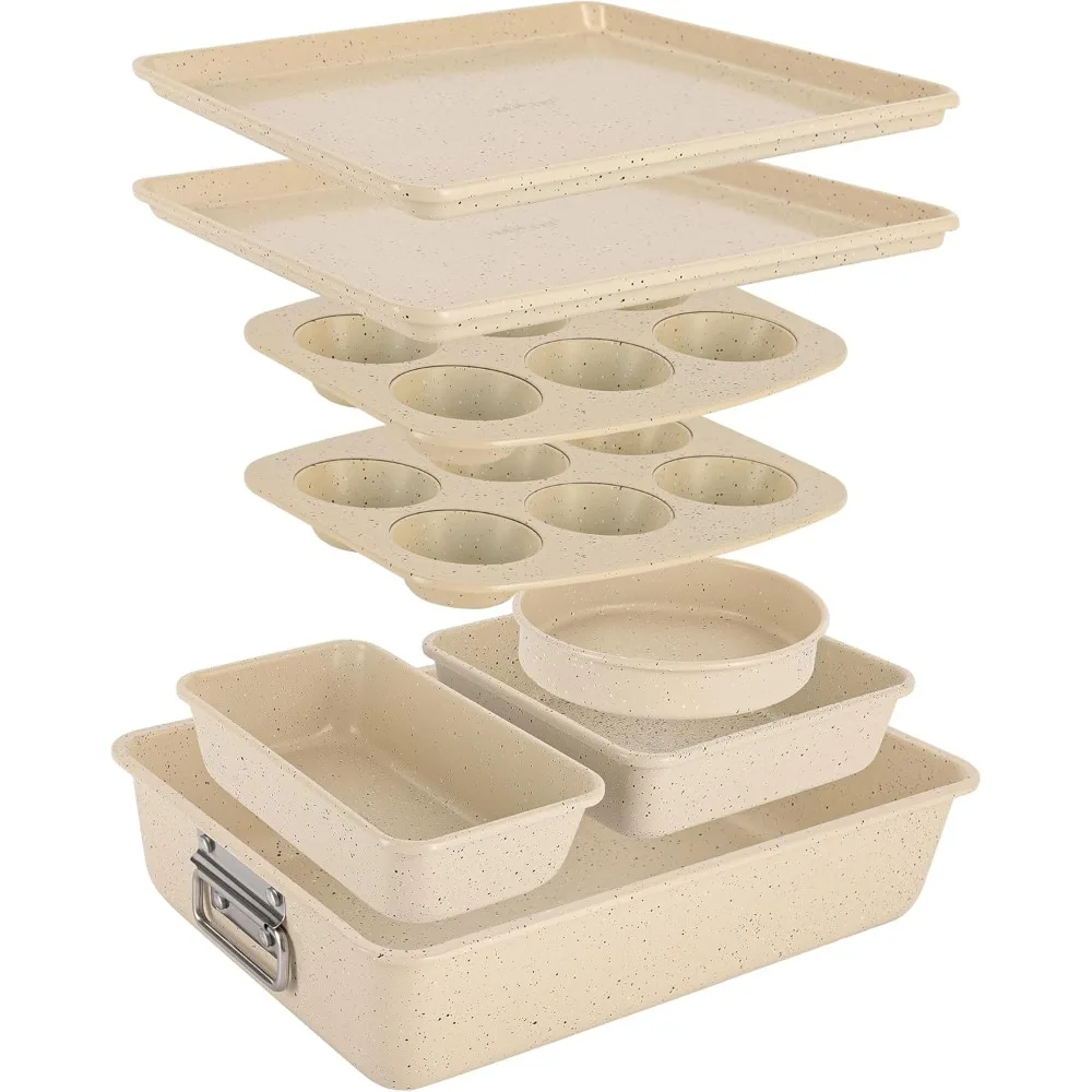 

NutriChef 8-Piece Stackable Bakeware Set - Carbon Steel Non-Stick Baking Pan Set, Sheet, Muffin, Round, Loaf, Square Cake & Deep