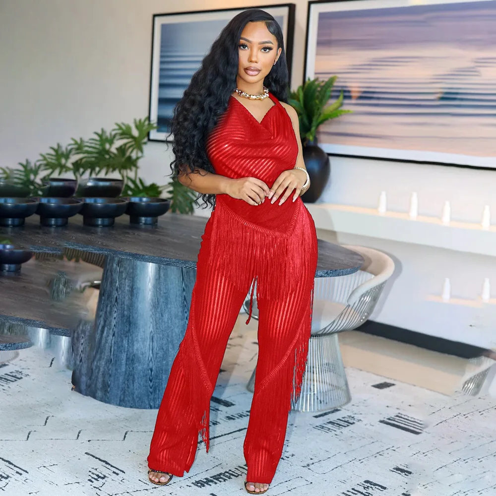 ชุดสตรีพร้อมเน็คไทคอ เสื้อแขนกุดเว้าหลัง และกางเกงทรงหลวมทรงเข้ารูป ชุดสองชิ้นพู่เซ็กซี่ 2025