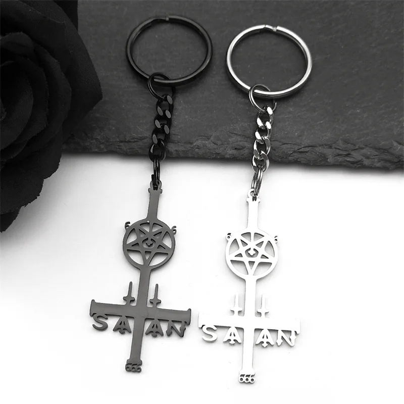 

Stainless Steel Inverted Pentagram Cross Pendant Key Chains for Women Men Pentacle Silver Color Key Ring Jewelry Gift