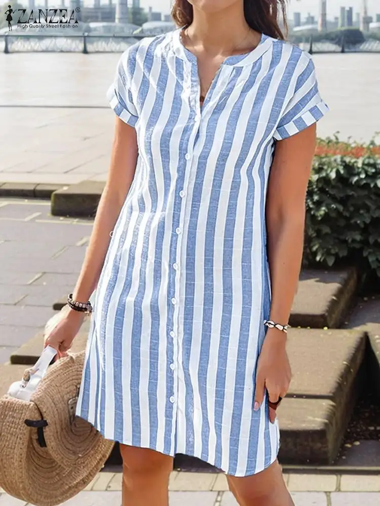 

2024 ZANZEA Summer Elegant V Neck Short Sleeve Striped Sundress Women Buttons Up Knee-length Dress Fashion OL Work Vestido Robe