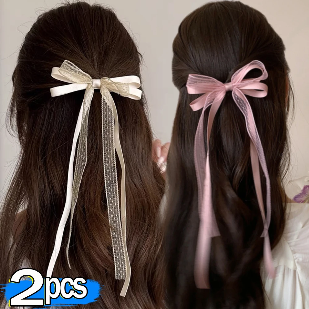 

2pcs Lace Long Bow Hair Clip for Women Girls Sweet Ribbon Tassel Bowknot Hair Pins Braid Barrettes Trend Hollow Out Headwears