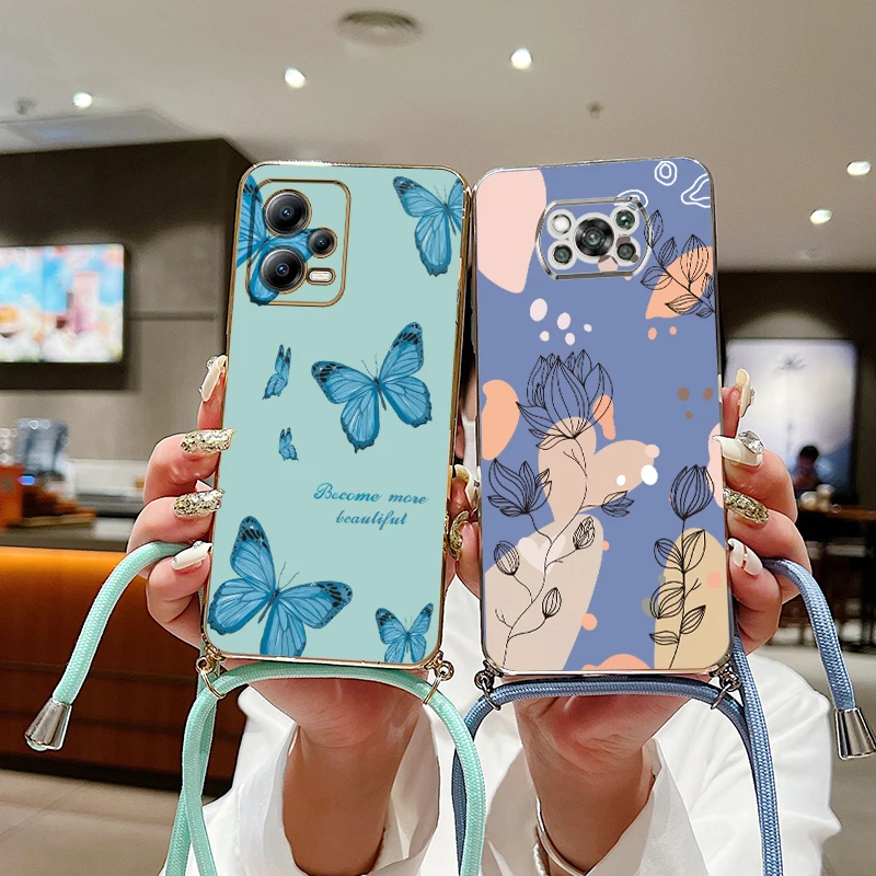 Plant Plating Diagonal Lanyard Phone Case For Xiaomi Poco X3 X4 GT X3 GT X5 M3 M5 M4 Pro M3 Pro X2 X3 NFC M5S C40 F4 F3 Cover