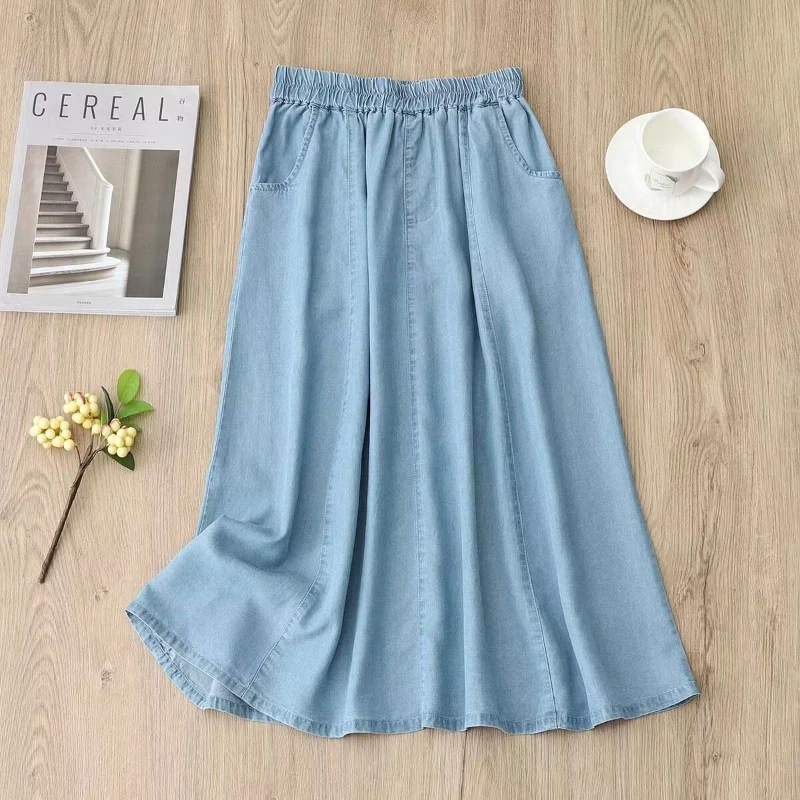 Soft Denim Skirts for Woman Loose Fashion Summer New Waist Elastic A-line Skirt Pocket Design Blue Mid Length Women\'s Skirts