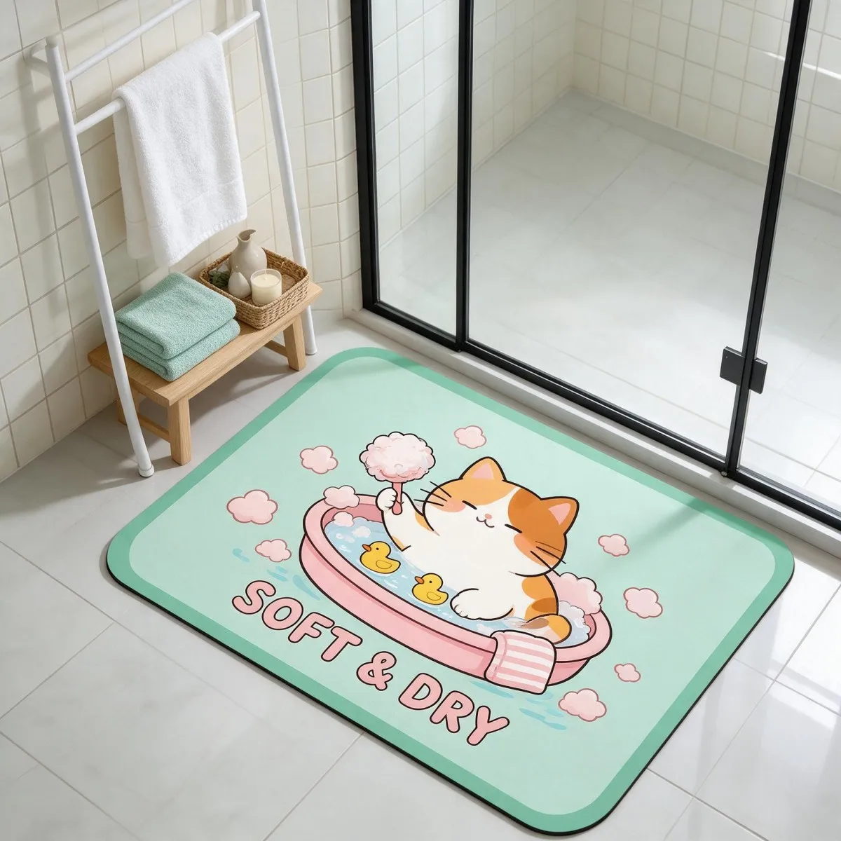 Tappetino da bagno quadrato in fango di diatomee, assorbente e antiscivolo, con fondo in gomma, ideale per il bagno e l'ingresso.