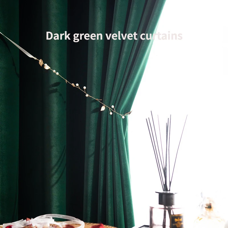 Retro American style dark green light luxury swan velvet curtains fully blackout soft hanging curtains, bedroom living curtains