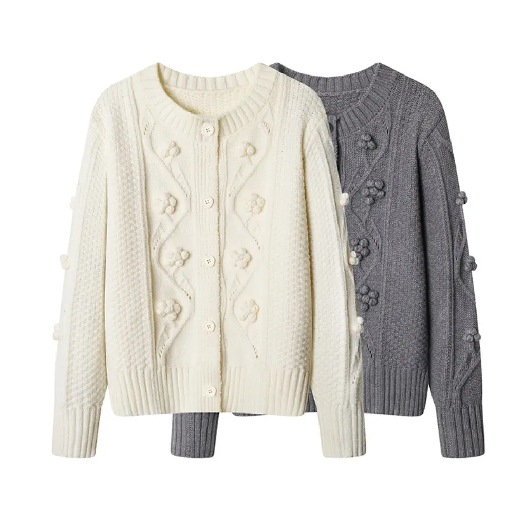 

Трехмерный вязаный свитер с цветочным принтом, кардиган, женская осенне-зимняя куртка с круглым вырезом и длинными рукавами, новый стиль