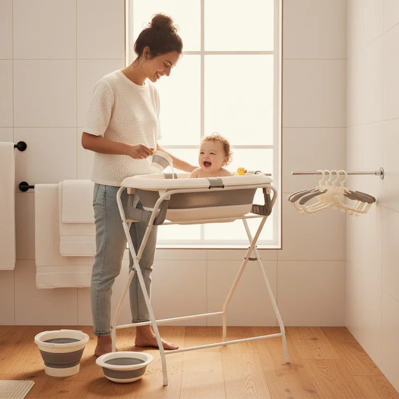 Portable Baby Bath Essentials Kit, Foldable Collapsible Basin with Hanger, BPA-Free Safe Material, Ideal for Home Storage Travel