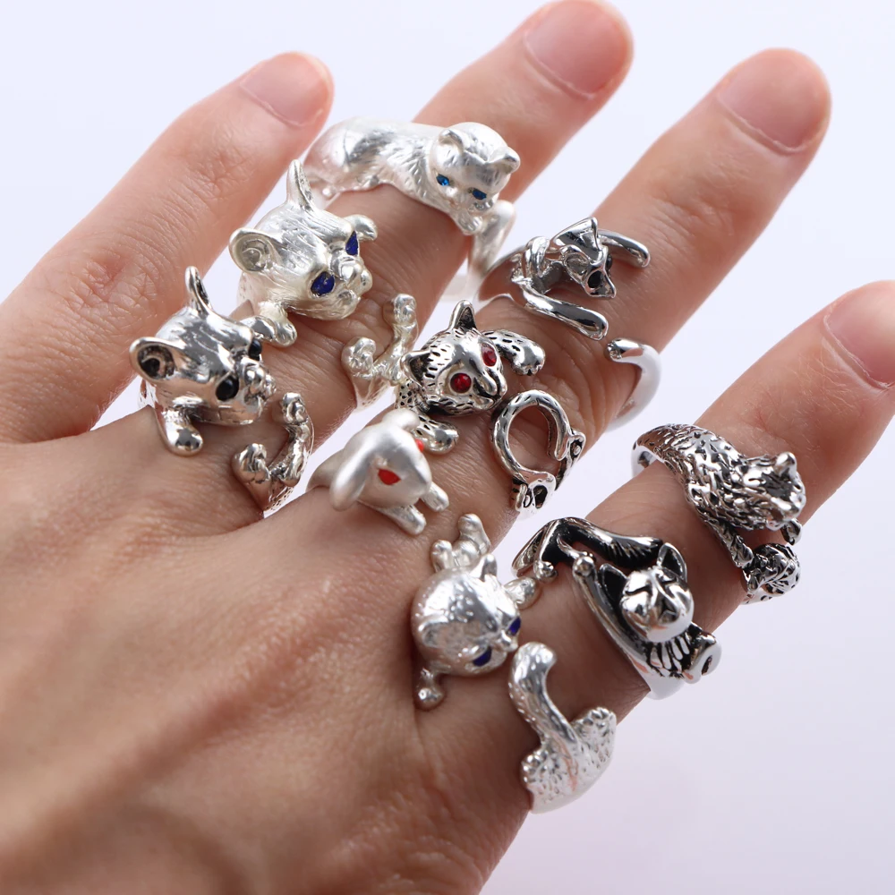 30Pcs/Lot Best Selling Dog Cat Punk Vintage Rings Fashion Couple Animal Adjustable Mystical For Man Women Friends Gift Wholesale