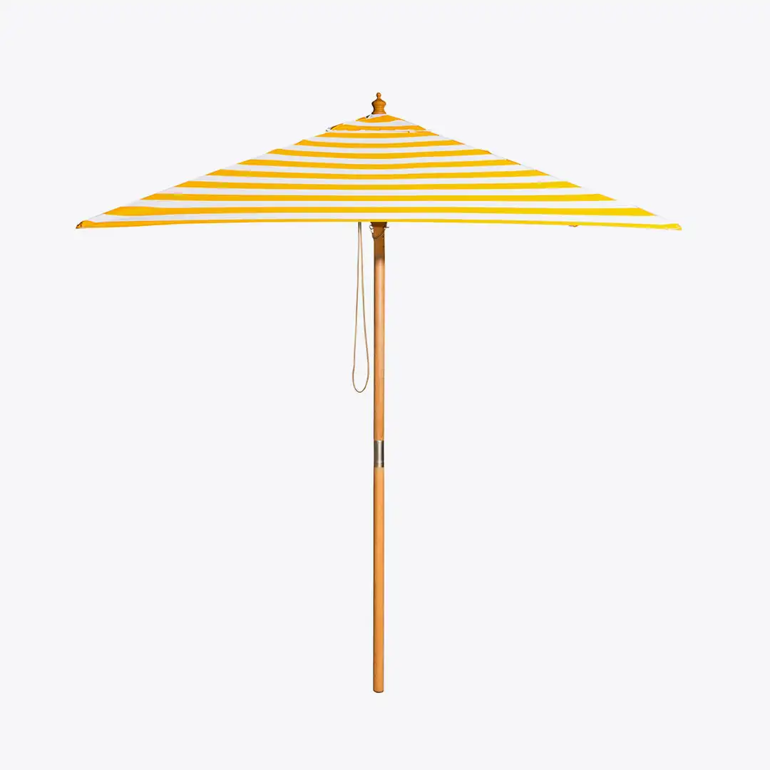 

Solid Wood Outdoor Mid-Post Beach Umbrella Yellow & White Striped Modern Design for Garden Courtyard & Beach with Rope & Stand