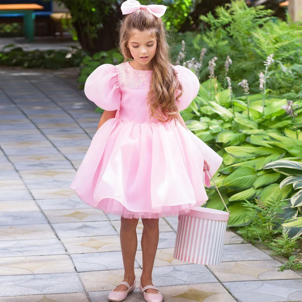 Bonito vestido rosa de flores para niña, vestido de princesa de manga corta con lentejuelas y cuello redondo, vestido de fiesta de cumpleaños personalizado, vestidos de primera comunión