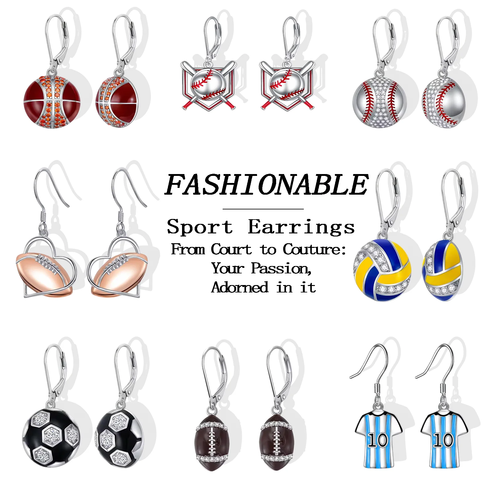 

925 Sterling Silver Soccer/Baseball/Basketball/Rugby/Volleyball/Baseball Bat/NO.10 Soccer Jersey Dangle Earrings for Women Fans
