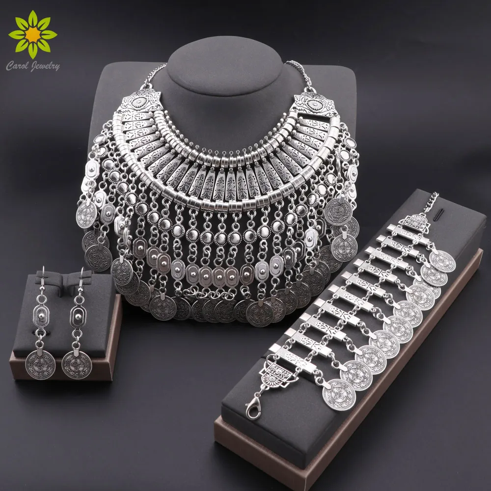 

Богемный ретро серебряный комплект ювелирных изделий с кисточками в виде монет, ожерелье, серьги, браслет, аксессуары для нигерийского Дубая, Эфиопии, африканских женщин