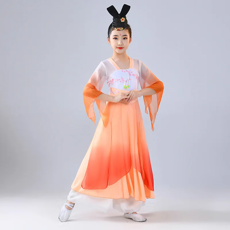 Nova chegada menina yangko dança traje crianças clássico chinês folk dancewear crianças fã guarda-chuva vestido de dança foir palco