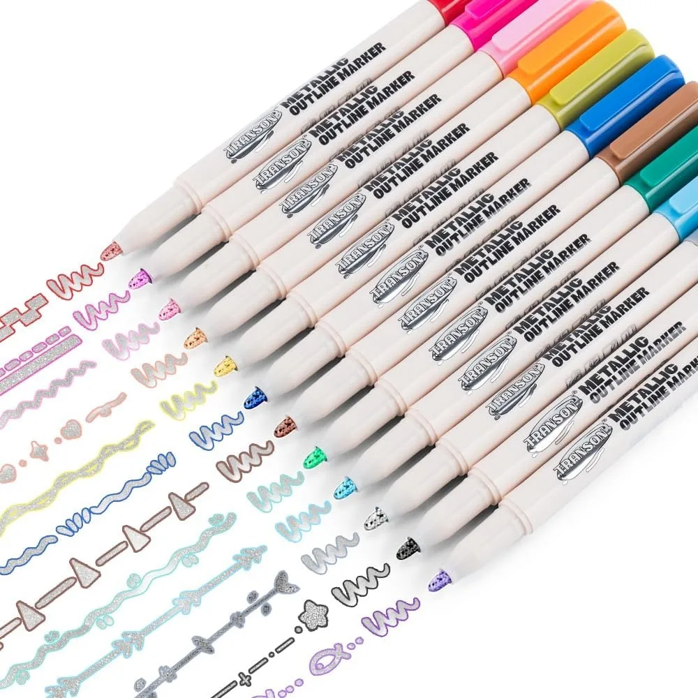 12pcs Metallic Outline Markers for Art, Drawing & DIY Crafts - Shimmering Neon Colors