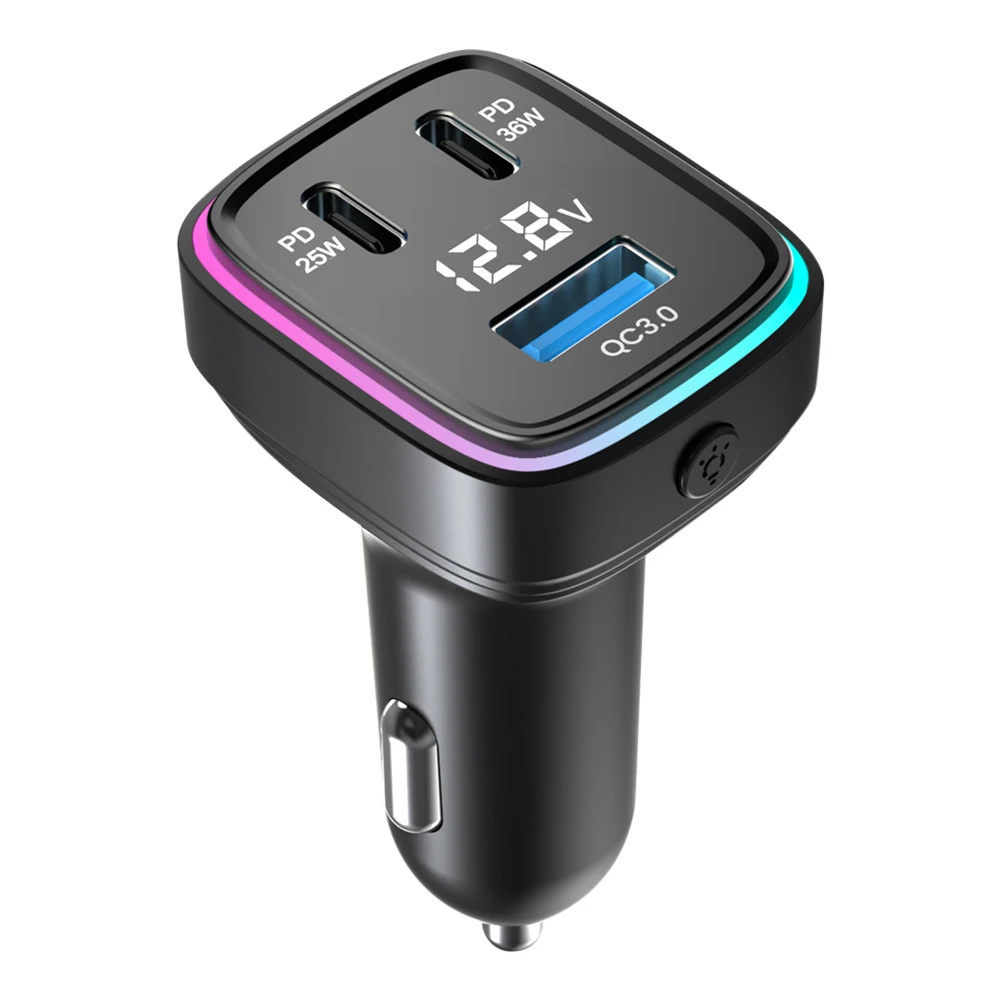 Car Charger Adapter Auto USB C Adapter Phone Charger 61W Eight-Color Colorful Ambient Light Car Adapter 3 Ports Fast Charging