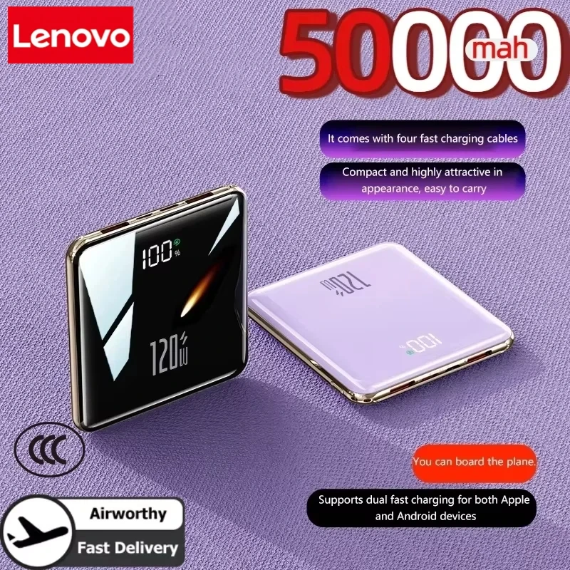

Lenovo 500000mAh Mini Power Bank Large Capacity Super Fast Charging External Battery Built-in 4 Cable For IPhone Samsung Xiaomi