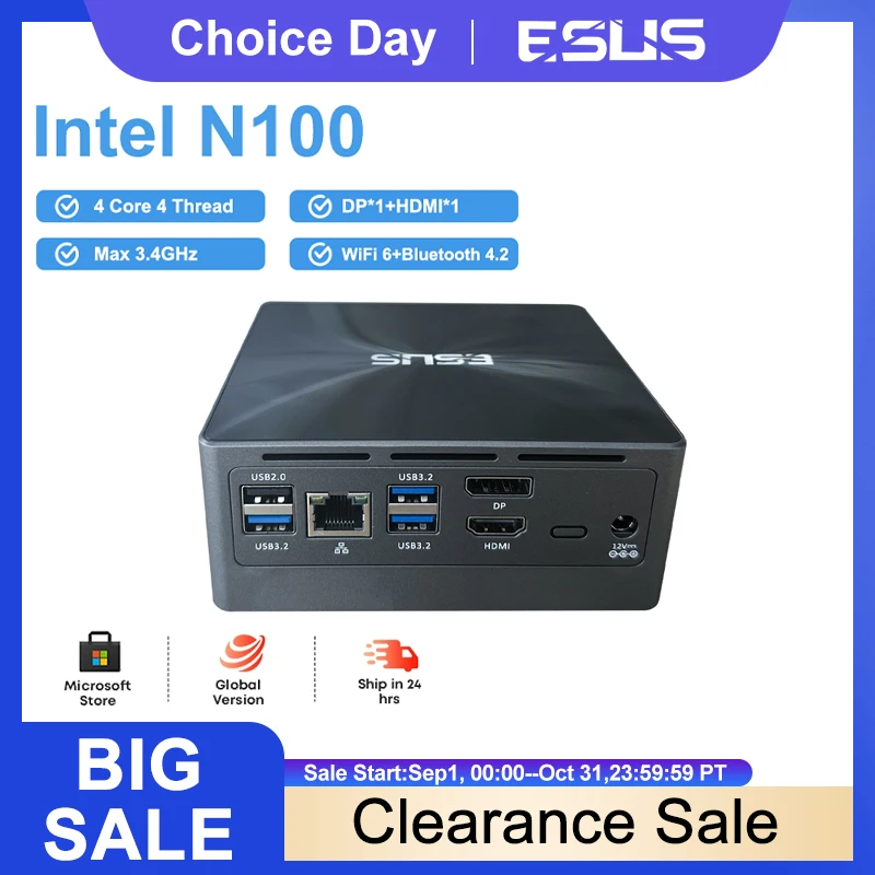 ESUS-Mini PC Windows 10, Intel N100, 16 Go, 70% Go, Pocket PC, 8 Go, 512 Go, WiFi 6, 256 M, Ordinateur de bureau, PC Gamer, 1000 de réduction sur la vente