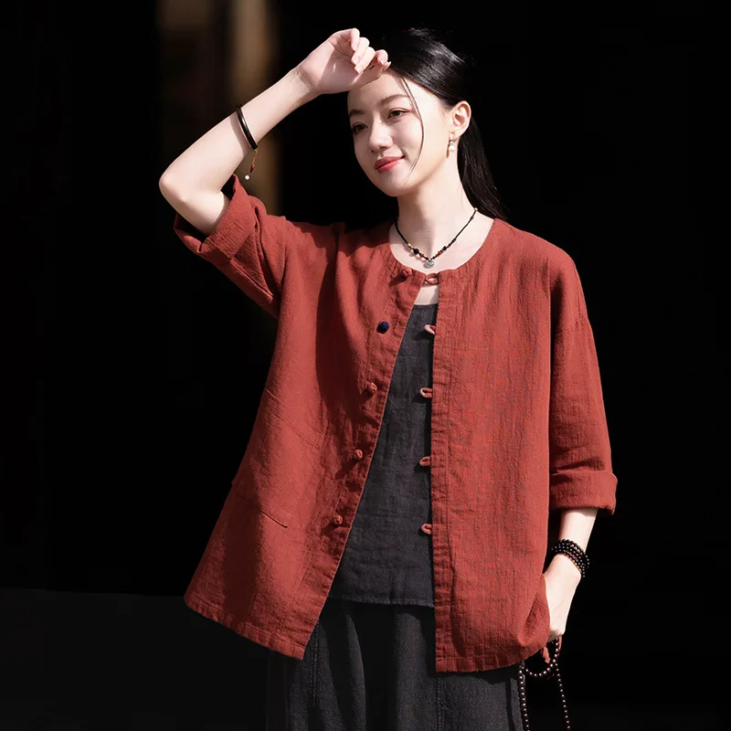 New cotton and linen women's fashionable retro round-neck button-up top, Chinese-style placket blouse, women's linen cardigan