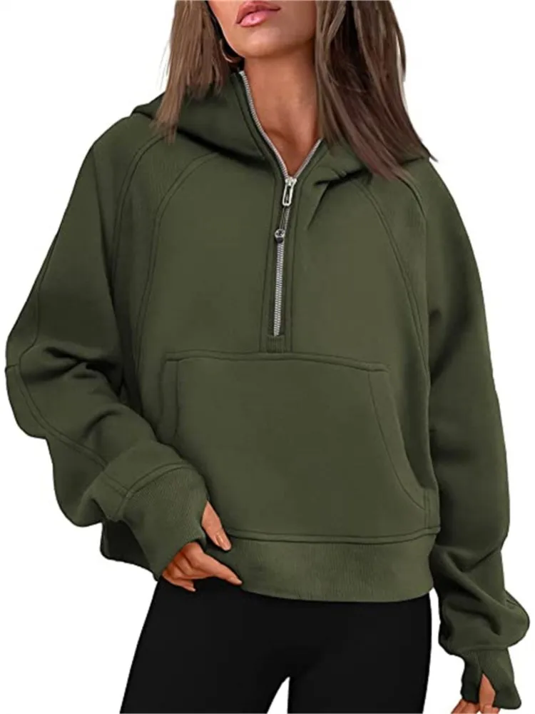 2025 Women's Solid Hoodies Autumn Half-open Zip Up Pocket Loose Hoodie Fashion Sportswear Clothing Hooded Tops Casual Sweatshirt