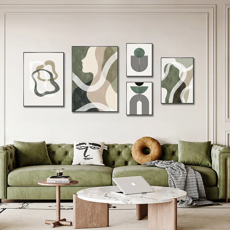 

Modern Classic Minimalist Green Wabi-Sabi Lines Abstract Wall Art Poster Home Living Room Bedroom Decoration