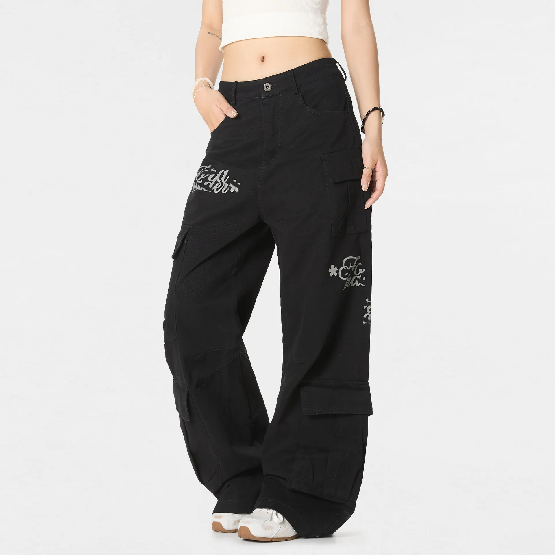 

OR FL American Letter Print Multiple Pockets 100 Cotton Women Wide Leg Pants Wear-resistant Dirt-resistant Slacks Wide Leg Pants