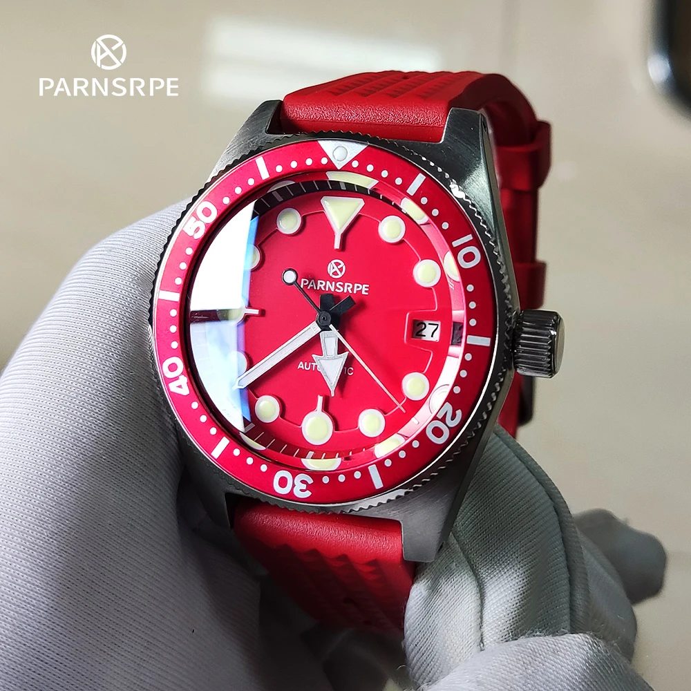 PARNSRPE Luxury Men\'s Watch 40mm Sapphire Glass Red Themed Automatic Mechanical Watch NH35 with Aseptic Dial Screw Lock