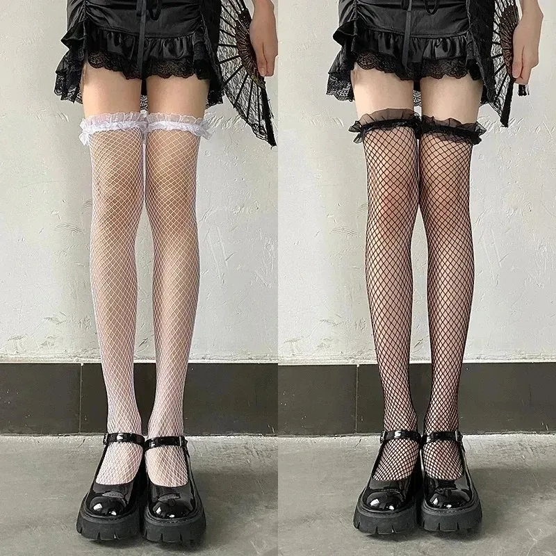 Women Sexy Lace Long Socks Thigh High Stockings JK Lolita Black White Over The Knee Socks Nightclubs Party Goth Fishnet Stocking