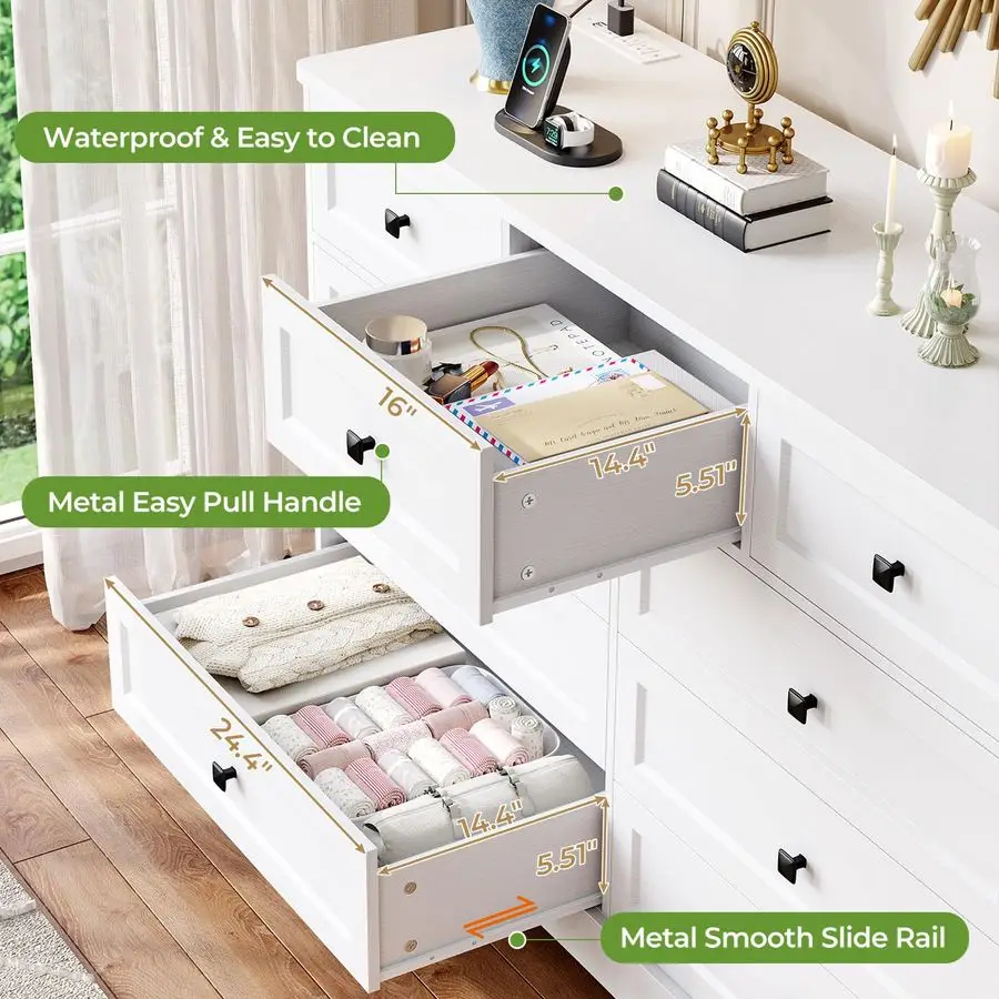 White Dresser for Bedroom with 9 Drawers, 51.2 Large Drawer Dressers with Charging Station, Wide Farmhouse Dressers Chest of Dr