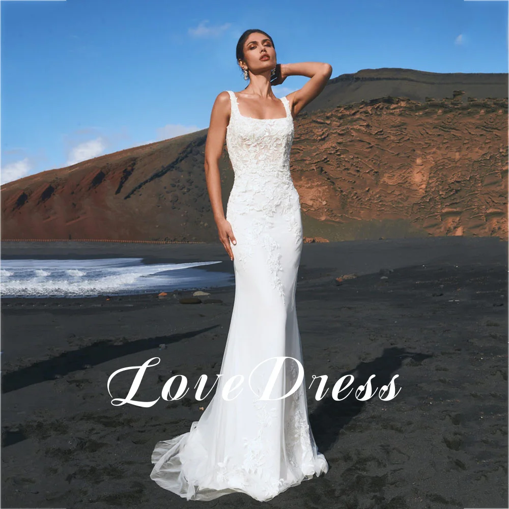 2024 abito da sposa con colletto quadrato con strascico staccabile senza maniche in pizzo Applqiues Boho Mermaid Bride Robe Backless Robe de mariée