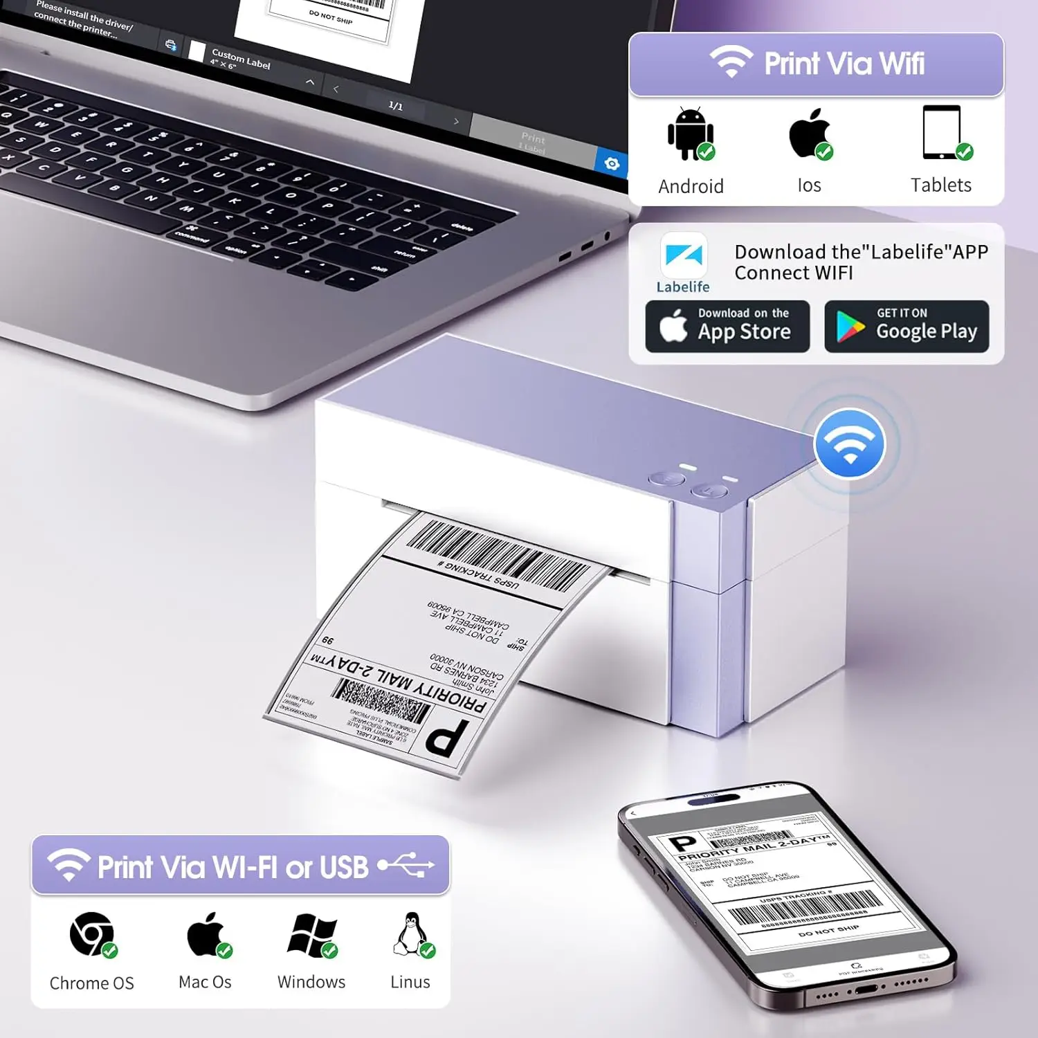 طابعة ملصقات حرارية WiFi 344WF، 300 نقطة في البوصة، 4 × 6 بوصة، متوافقة مع iOS، Android، PC، Etsy، eBay، USPS #2