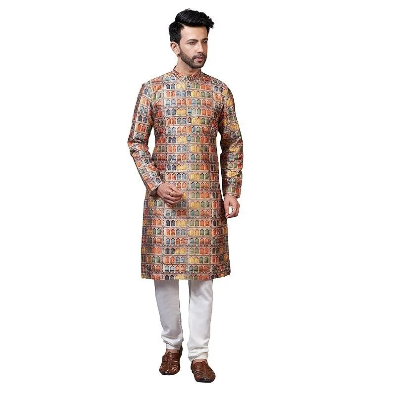 Luxury Casual Islamic Arabic Abaya Robe National style Ethnic Print Stand Collar Youth Mid-length Shirt Coat Muslim Men Kurta,