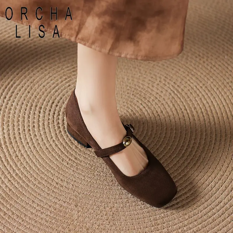 

ORCHA LISA Черные женские туфли-балетки с квадратным носком из замши с пряжкой, большие размеры 41, 42, 43, мягкие и удобные, повседневные женские туфли Мэри Джейн