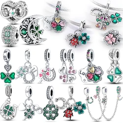 S925 Sterling Silver Lucky Symbol Colorful Lucky Grass Series Sweet Charms Beads Fit Pan Original Bracelets DIY Fine Jewelry