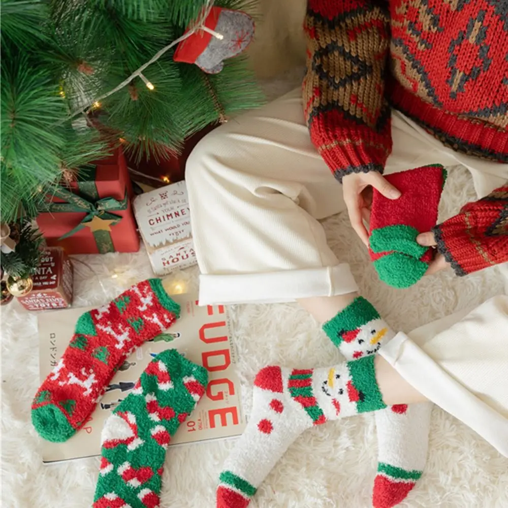 Comfortable Cute Cartoon Cold-proof Stripe Coral Fleece Santa Claus Elk Hosiery Women Short Socks Winter Socks Christmas Socks