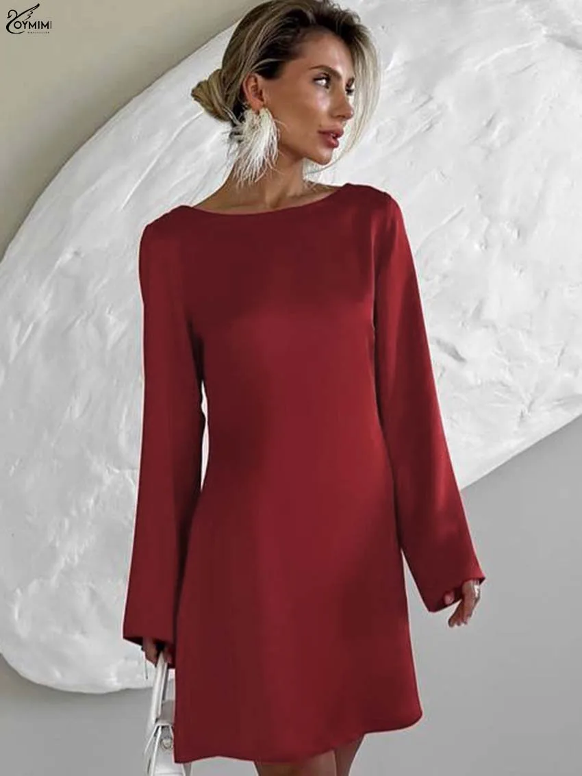 

Oymimi Casual Red Satin Dresses 2025 Woman Fashion O-Neck Long Sleeve Simple Dresses Autumn Elegant Open Back Lace-Up Mini Dress
