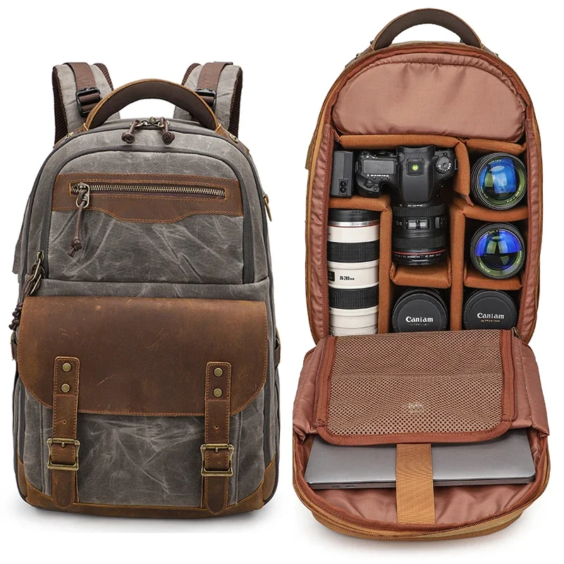 

Latest 2024 model Fashion Retro Leather Canvas DSLR SLR Camera Bag Backpack Outdoor Travel