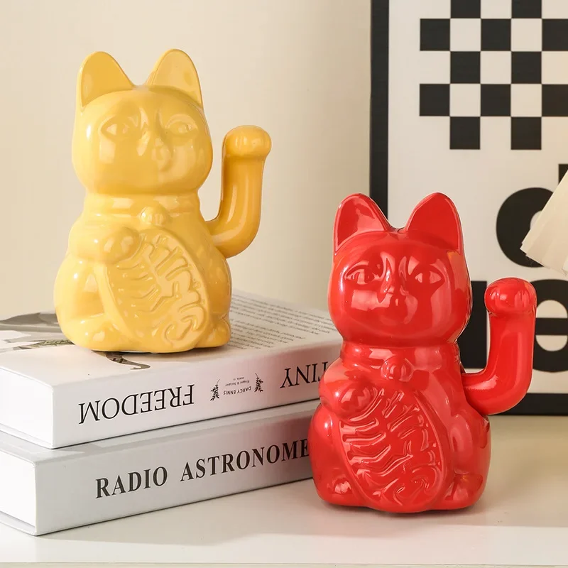 5.9 Inch Ceramic Lucky Cat Waving Arm Maneki Neko Beckoning Cat for Fortune Luck Wealth Prosperity Decoration Fengshui Ornament