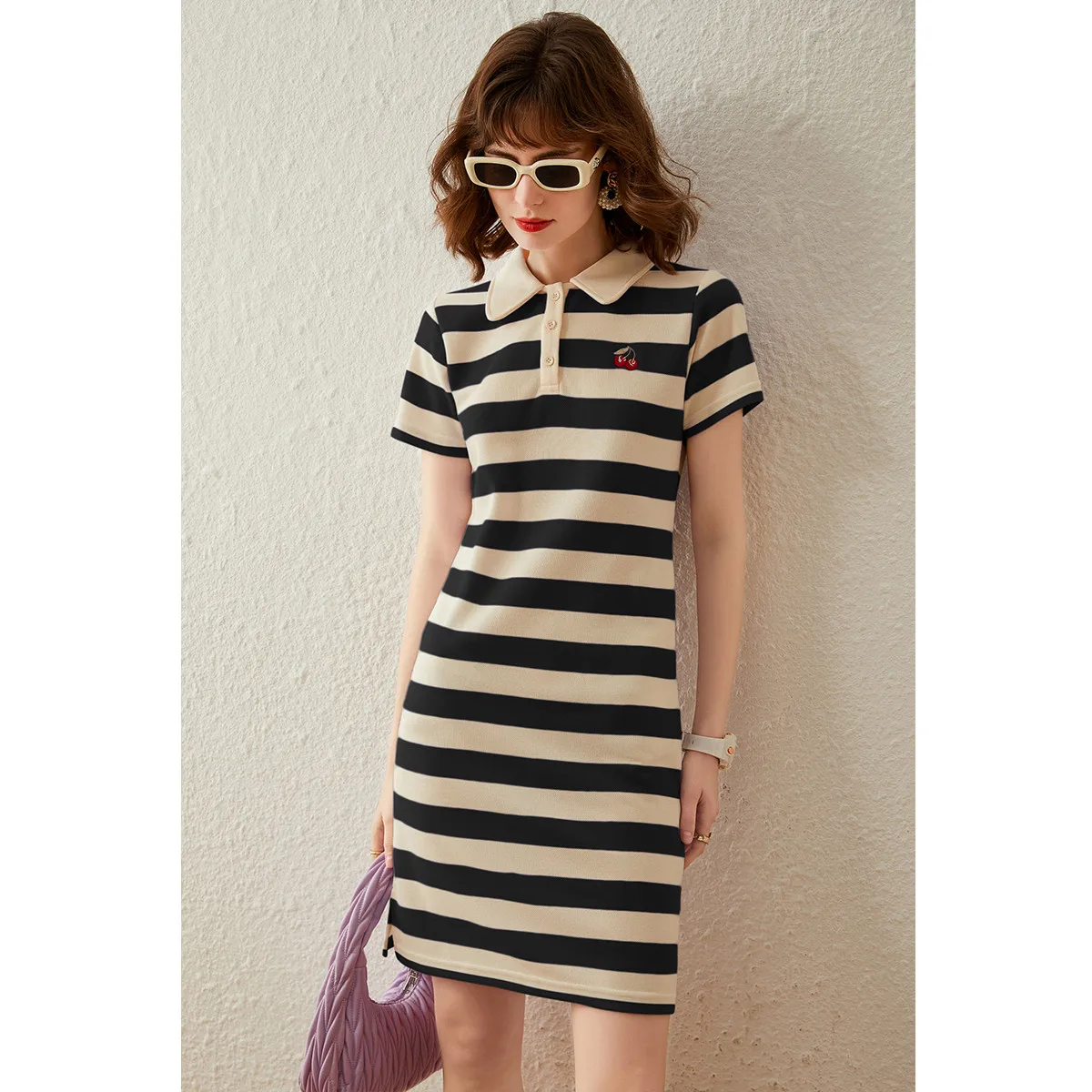 LOUIS YAO Women Dress Polo Neck Striped New Arrival for Summer 2024 Short Sleeve Slim Casual Short Dress for Women