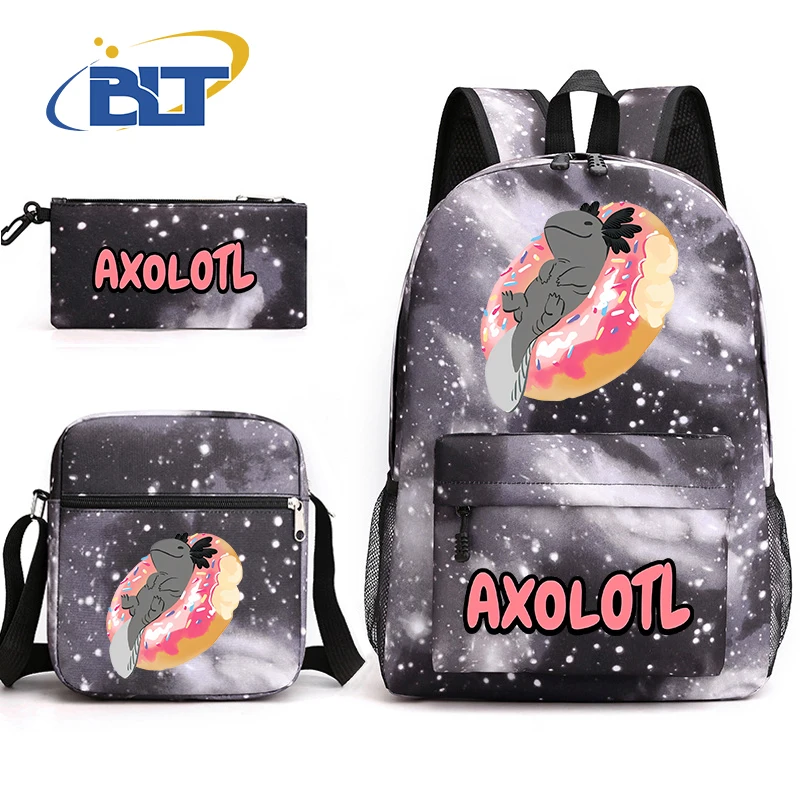 Axolotl Cartoon Print School Bag Set para crianças, mochila juvenil, bolsa de ombro, estojo de lápis, presente infantil, conjunto de 3 peças