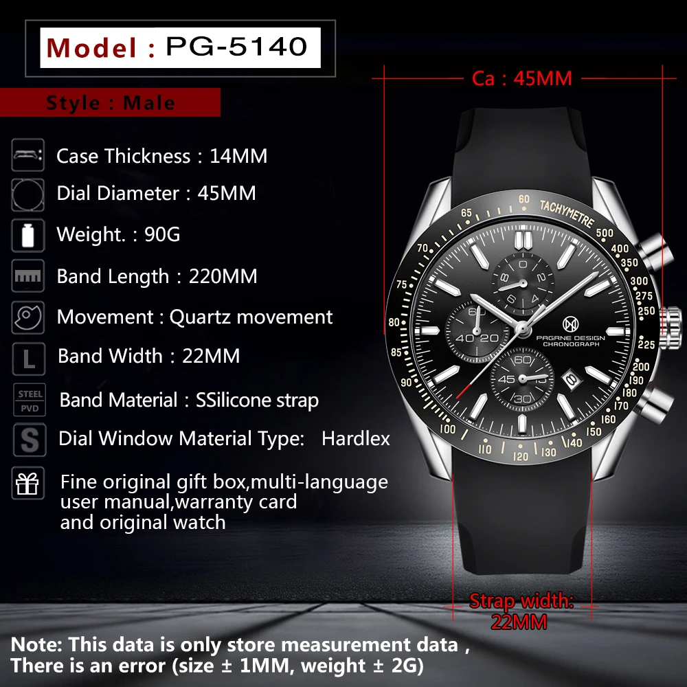 PAGRNE DESIGN Fashion Men's Quartz Watches 30M Top Brand Luxury Sport Waterproof Wrist Clock Watch for Men Reloj Hombre PG5140